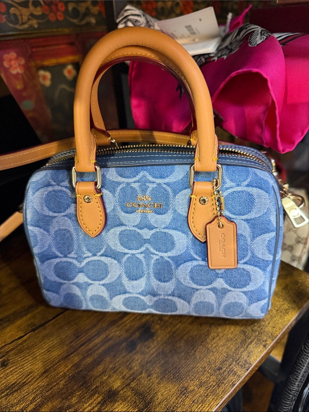 Coach Mini Rowan Crossbody Bag in Signature Denim with tan leather trim NWT - Picture 4 of 5